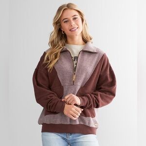BKE Quarter Zip Pullover Rum Raisin Pieced Fleece Mock Neck Raw Edge Size Medium